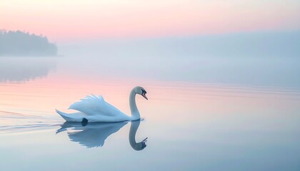 Fototapeta premium White Swan Floating on a Calm Lake with Pink and Blue Hues at Dawn