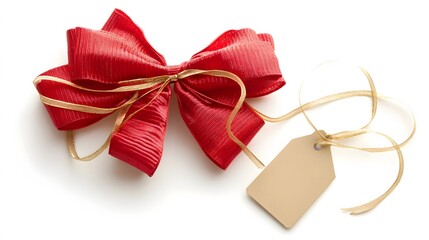 Red Gift Bow with Gold Ribbon and Blank Tag