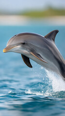 Naklejka premium Graceful dolphin leaping from ocean waters with clear blue sky background