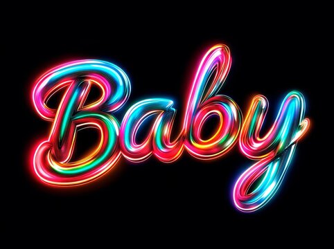 A vibrant multicolor neon “Baby” text effect with glossy highlights and glowing strokes on a dark background.