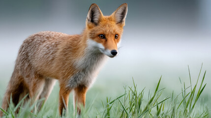Fototapeta premium Red fox in misty meadow at dawn