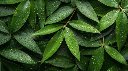 Fototapeta premium An image with high resolution of a green plant, featuring water droplets on its leaves and a focus on the foreground leaves