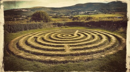 Circular maze design in a grassy field.