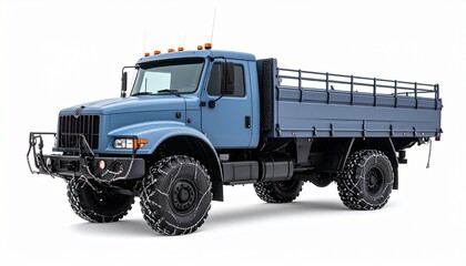 Side View Mockup of a Cold Climate Tactical Truck with Snow Chains on White Background