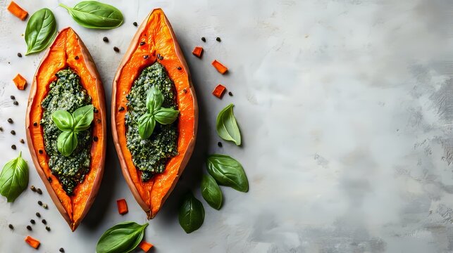The image depicts a potato that is obviously covered in a layer of spinach and cheese