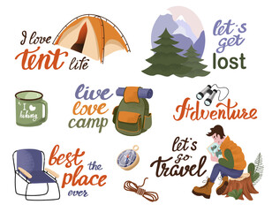 A collection of vibrant illustrations featuring popular camping quotes designed with cartoon characters and outdoor elements. It includes phrases like I love tent life and Let's get lost, accompanied 