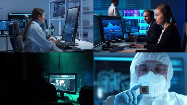 Scientists, lab equipment and microscopes in biomedical innovations and clinical studies. Technology and medical concept. Ideal for educational content. Collage.