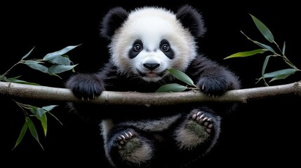 Obraz premium A panda bear is positioned on a branch of a tree, grasping a leaf and facing the camera