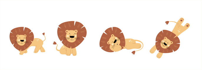 A set of four cartoon lions. Each lion features a distinct pose, from a proud stance to a relaxed lying position. The lions are illustrated with cheerful expressions and warm colors, creating an invit