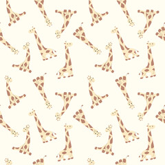  Vibrant seamless pattern of cartoon giraffes with unique designs arranged playfully across a light beige background.  Ideal for children's rooms, nursery decor, or creative projects.