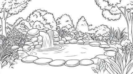 Obraz premium Landscaped Pond Design Sketch, Backyard Water Feature Illustration