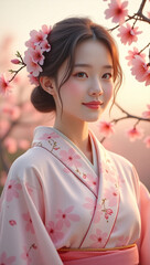 Fototapeta premium A young woman in a beautiful kimono surrounded by cherry blossoms