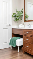 Elegant bathroom with chestnut vanity and lush greenery for relaxing ambiance