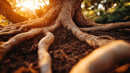 Close-Up of Tree Roots in Soil at Sunset
