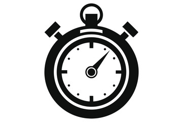 A black and white stopwatch with pointers is displayed against a white background