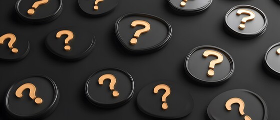 Many Golden Question Marks on Black Background Abstract 3D Render
