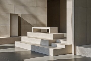 Obraz premium Minimalist, light-filled interior space with elevated seating