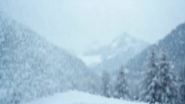 Heavy snowing, focused on the snowflakes, mountains in the background
