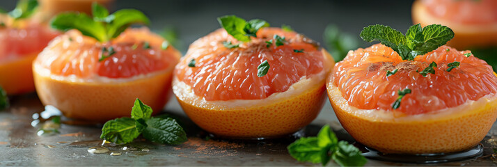 Juicy sheen and cooling contrast. Fresh grapefruit halves topped with mint leaves and herbs. Perfect for wellness content, juice bar menus, or morning routine visuals.