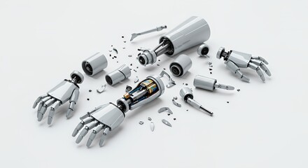 Dismembered Surgical Robot Arm Isolated on White Screen Background With Scattered Metallic Limbs Fallen Pieces Futuristic Warrior Technology Failure Repair Recycling Innovation