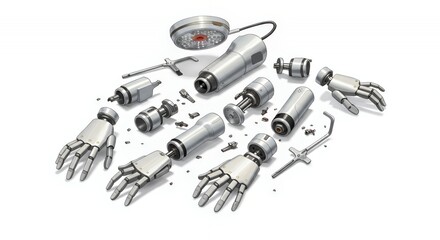 Dismembered Surgical Robot Arm Scattered Metallic Limbs on Isolated White Screen Background