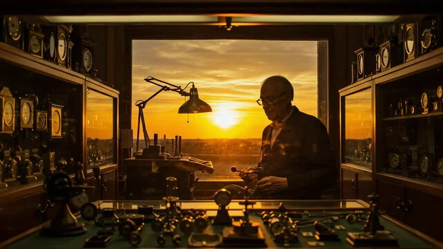 Elderly Male Watchmaker Engaged in Craftsmanship, Illuminated by Sunset Light in a Warm Workshop Setting Filled with Timepieces