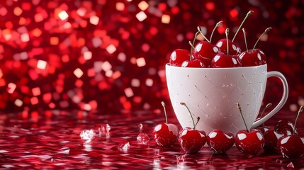 A mound of cherries sits next to a white cup on a table, overflowing with cherries