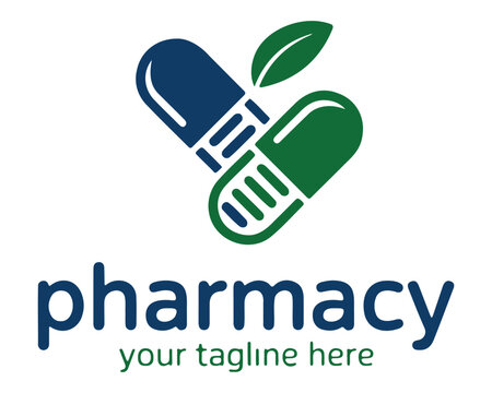 Modern pharmacy logo featuring interconnected capsules and a leaf.