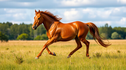 Fototapeta premium Brown horse prancing in field, nature background, animal illustration, design element