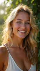 Close-up of a smiling woman with wavy blonde hair on a sunny day. Her radiant smile and sparkling eyes reflect her inner joy