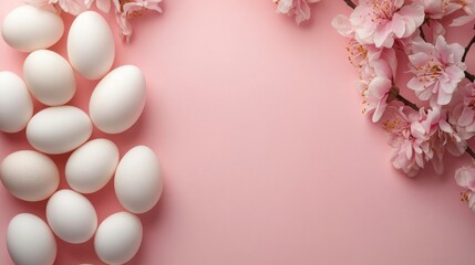 Obraz premium White eggs are clustered together on a pink background, accompanied by a flower that is nestled among the eggs