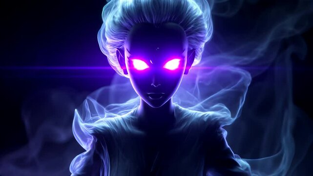 Abstract smoke ripple female ghost warrior looks towards the screen and gazes intensely with glowing purple eyes as the camera zooms in close to her face