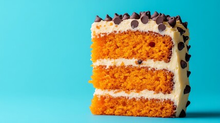 Fototapeta premium On the plate is a close-up view of one slice of cake, surrounded by several orange slices, including one that is adjacent to the cake