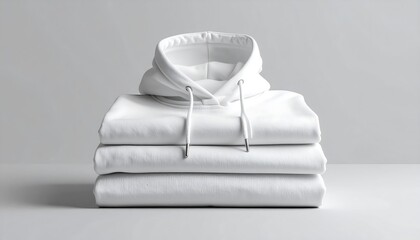 Stacked White Hoodies on Light Gray Backdrop Studio Shot for Fashion Apparel
