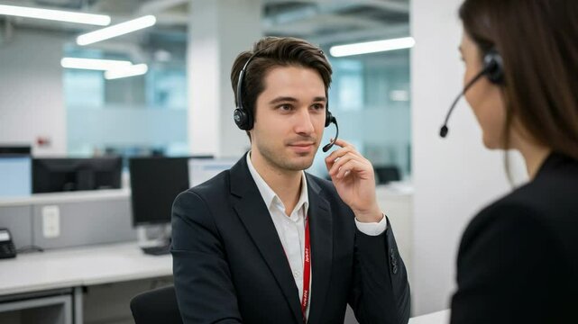 Smiling Young Male Customer Service Representative in Black Suit Assisting Female Client at Modern Office Desk with Headset on Phone Call