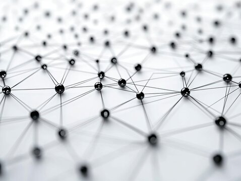 Abstract network of interconnected spheres.  A complex web of connections, suggesting a large data network or complex system.  Small, dark spheres are connected by thin lines