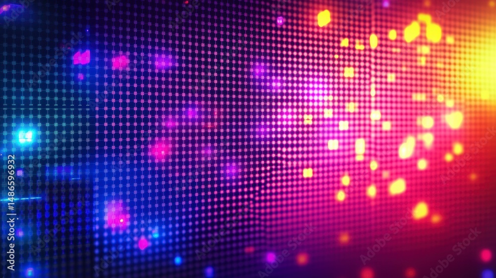 Poster Abstract colorful digital background with glowing lights and bokeh effects.