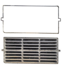 Metal stormwater grate and matching rectangular frame are isolated.