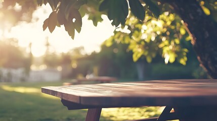 Naklejka premium Sunny Day Picnic Table in Lush Garden