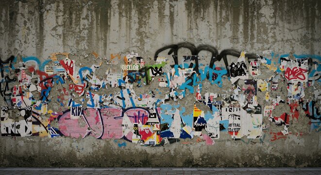 Weathered Concrete Wall Texture with Graffiti and Peeling Posters Isolated on White Screen Background for Urban Art Designs and Grunge Themed Projects