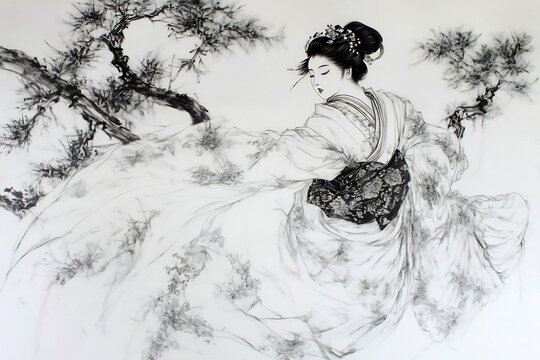 Japanese mythology Yuki Onna snow woman drifting elegantly across a white background
