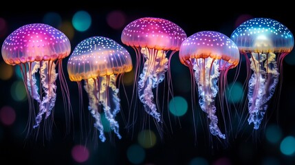 Jellyfish float above the dark-blue and pink hues of the ocean floor, surrounded by purple and white counterparts
