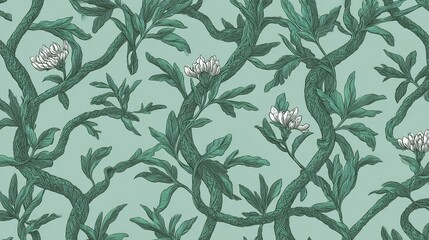Fototapeta premium Floral pattern with green branches and leaves on a light green background.