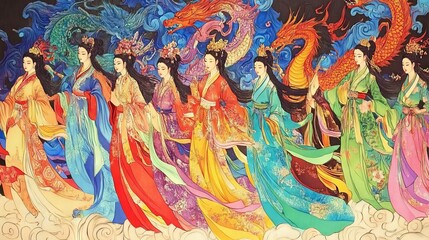 Vibrant Chinese Mythological Painting of Goddesses