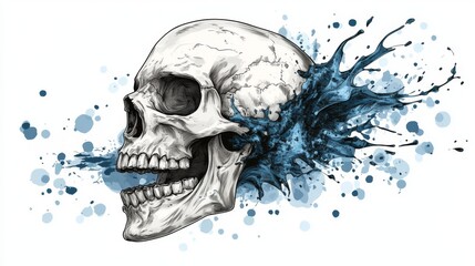 The image shows a monochrome skull that has black paint stains on its face and neck