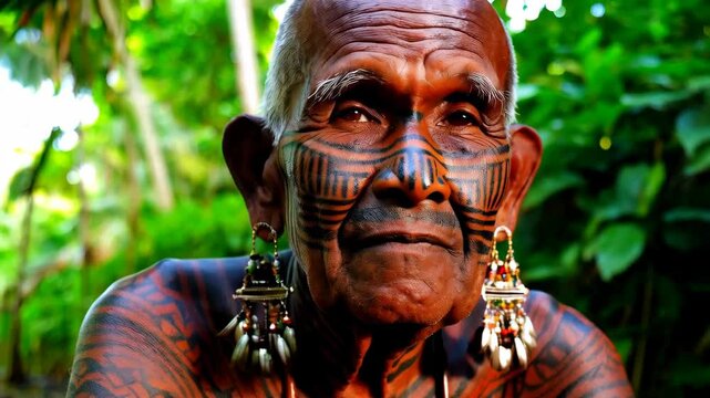 Elderly tribal man with traditional face and body tattoos sitting in lush green tropical forest