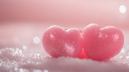 Fototapeta premium Two Pink Heart-Shaped Candles on Snow