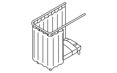 Simple and cute isometric line art illustration of a hospital room or infirmary bed enclosed by curtains