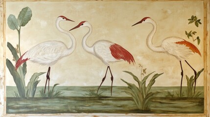Three Majestic Birds in a Serene Landscape Painting