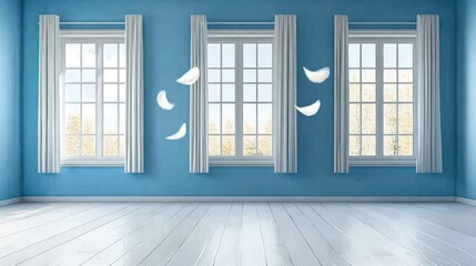 Interior scene, light blue walls, white windows, airy feel.